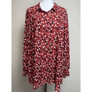 Lane Bryant Women’s Tunic Top Button Front Sz 26/28 Red W/ Black White Print